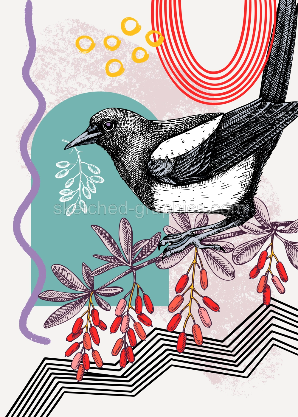 Collage style magpie vector illustration. Hand-sketched bird with barberry branch. Trendy design with botanical, geometric shapes, and abstract elements. Perfect for print, poster, card, social media Illustration